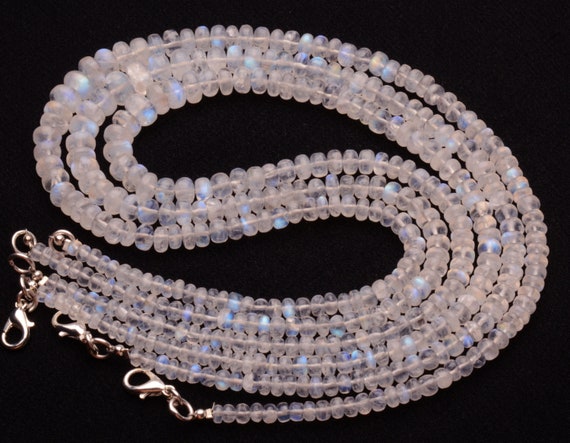 Rainbow Moonstone Necklace, 4 To 8 Mm Size Blue Fire Beads, 17.5 Inch Length