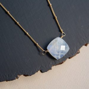 Shop Rainbow Moonstone Necklaces! Rainbow Moonstone Necklace, June Birthstone Gift, Gold, Sterling Silver, Delicate Boho Necklace, Gemstone Square Pendant Necklace | Natural genuine Rainbow Moonstone necklaces. Buy crystal jewelry, handmade handcrafted artisan jewelry for women.  Unique handmade gift ideas. #jewelry #beadednecklaces #beadedjewelry #gift #shopping #handmadejewelry #fashion #style #product #necklaces #affiliate #ad