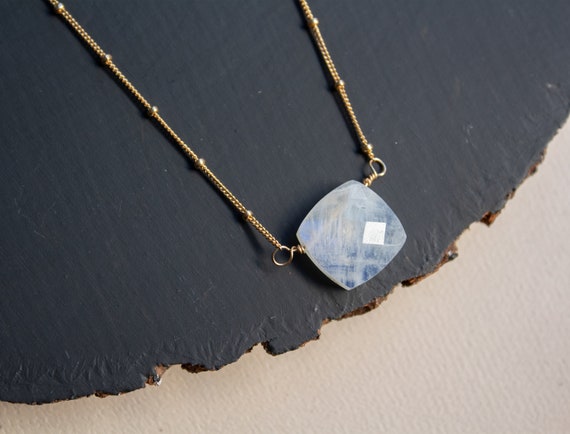 Rainbow Moonstone Necklace, June Birthstone Gift, Gold, Sterling Silver, Delicate Boho Necklace, Gemstone Square Pendant Necklace