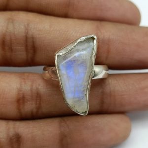 Shop Rainbow Moonstone Rings! Rainbow moonstone raw stone ring, raw stones, Bluestone silver ring , moonstone ring , boho jewelry , statement rings, indian jewelry, gift | Natural genuine Rainbow Moonstone rings, simple unique handcrafted gemstone rings. #rings #jewelry #shopping #gift #handmade #fashion #style #affiliate #ad