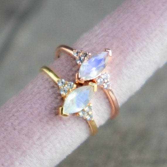 Rainbow Moonstone Ring In Gold Vermeil, Marquise Ring Cluster Rings For Women, June Birthstone Gifts For Her
