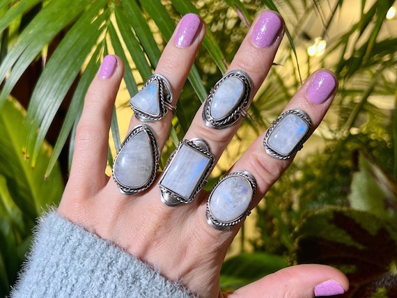Rainbow Moonstone Ring Mix ~  Alpaca Silver Ring With Big Moonstone ~ Gemstone Ring Adjustable ~ Natural Gem Stone Ring ~ Hippie Boho Ring