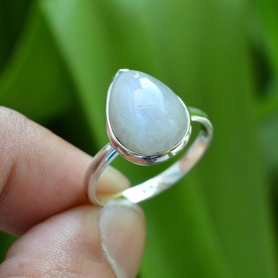 Rainbow Moonstone Ring Silver, Moonstone 10x14 Mm Pear Ring, Moonstone Ring, Handmade Ring, Gemstone Ring, Bezel Ring, Sterling Silver Ring