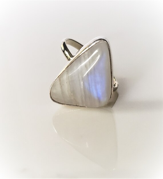 Rainbow Moonstone Ring, Sterling Silver Band, Natural Blue Flash Gemstone, One Of A Kind Gift Unique Birthday Present, Triangle Boho Jewelry