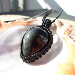 Shop Rainbow Obsidian Jewelry! Rainbow Obsidian Pendant, Black Obsidian Necklace, Macrame Gemstone Necklace, Mens Boho Necklace, Protection Amulet | Natural genuine Rainbow Obsidian jewelry. Buy handcrafted artisan men's jewelry, gifts for men.  Unique handmade mens fashion accessories. #jewelry #beadedjewelry #beadedjewelry #shopping #gift #handmadejewelry #jewelry #affiliate #ad