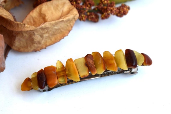 Raw Baltic Amber Barrette Yellow Orange Genuine Natural Gemstone Hair Pin Clip Barettes Hair Accessories Clip Hair Bun Holder Women Hair