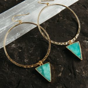 Chrysoprase Gold Hoop Earrings – Triangle Statement Earrings – Best Friend Gift- Hoop Earrings With Charm – Boho Jewelry-Green Earrings | Natural genuine Chrysoprase jewelry. Buy crystal jewelry, handmade handcrafted artisan jewelry for women.  Unique handmade gift ideas. #jewelry #beadedjewelry #beadedjewelry #gift #shopping #handmadejewelry #fashion #style #product #jewelry #affiliate #ad