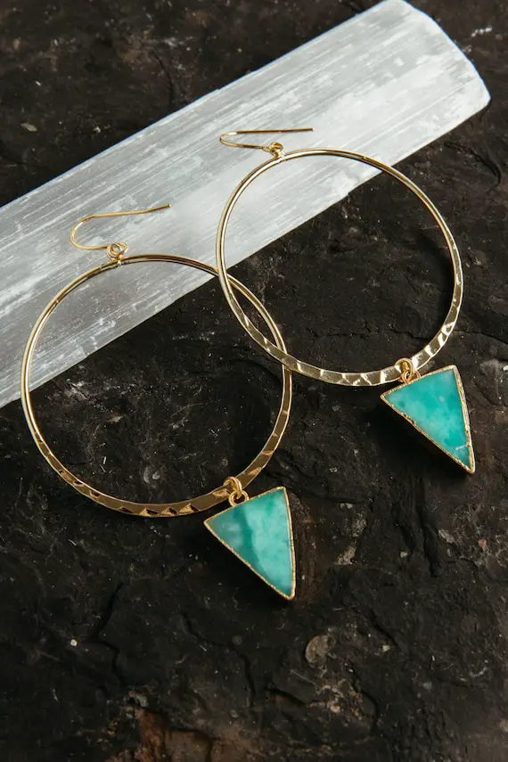Chrysoprase Gold Hoop Earrings - Triangle Statement Earrings - Best Friend Gift- Hoop Earrings With Charm - Boho Jewelry-green Earrings
