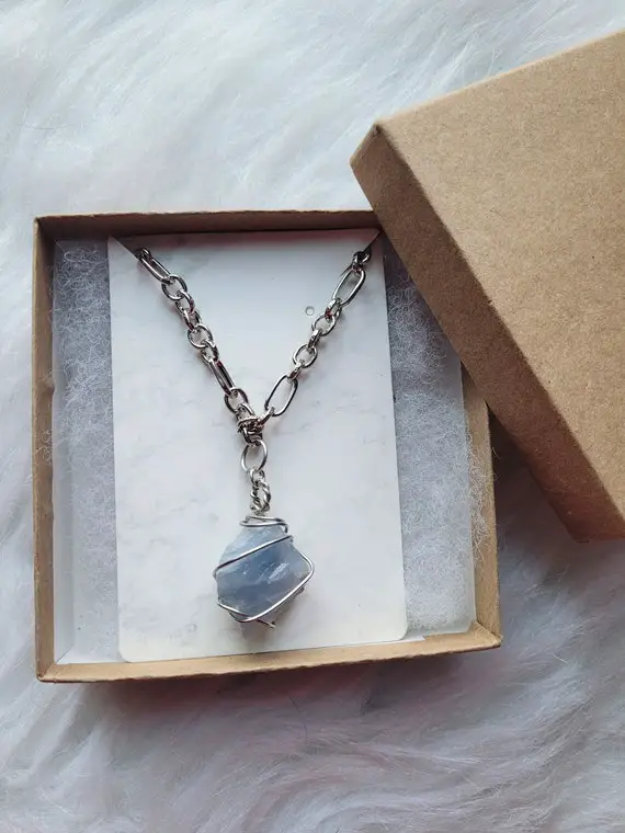 Raw Genuine Blue Calcite Necklace | Sterling Silver And Stainless Steel | Intuition And Self-expression