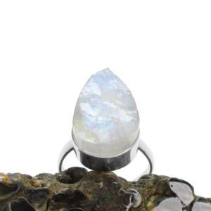 Shop Rainbow Moonstone Rings! Raw Rainbow Moonstone Ring in Sterling Silver – Rough Natural Stone Ring – Teardrop | Natural genuine Rainbow Moonstone rings, simple unique handcrafted gemstone rings. #rings #jewelry #shopping #gift #handmade #fashion #style #affiliate #ad