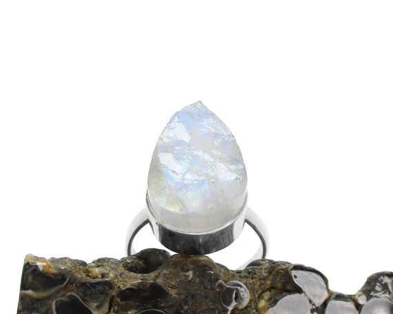 Raw Rainbow Moonstone Ring In Sterling Silver - Rough Natural Stone Ring - Teardrop