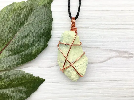 Raw Serpentine Necklace, Copper Wire Wrap Pendant, Natural Green Crystal, Handmade Spiritual Jewelry