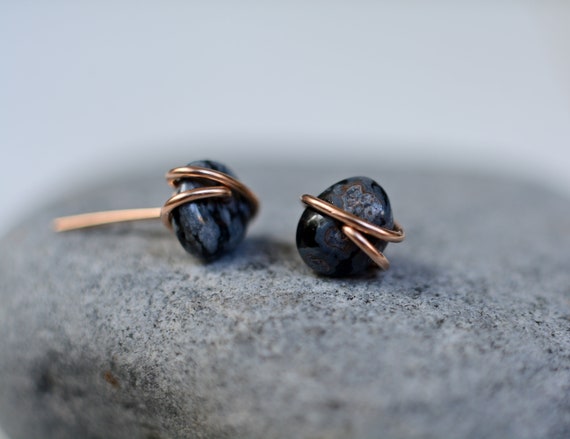 Raw Snowflake Obsidian Studs. Sterling Silver Or Bronze Earrings. Black Grey Earrings.