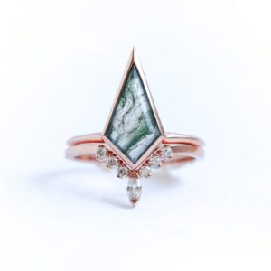 Shop Moss Agate Rings! READY TO SHIP –  Kite moss agate ring set with matching diamond band 14k rose | Natural genuine Moss Agate rings, simple unique handcrafted gemstone rings. #rings #jewelry #shopping #gift #handmade #fashion #style #affiliate #ad