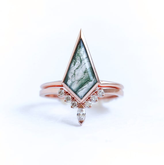 Ready To Ship -  Kite Moss Agate Ring Set With Matching Diamond Band 14k Rose