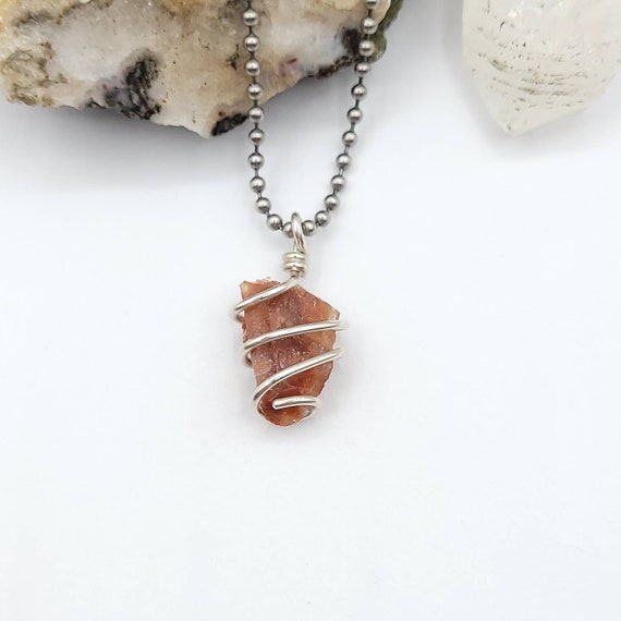 Red Calcite Necklace, Silver Wire Wrapped Red Calcite Pendant