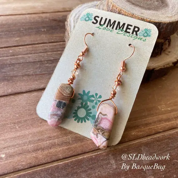 Rhodochrosite Earrings Pink Dangle Wire Wrap Stone Raw Gemstone Earrings Boho Hippie Jewelry Handmade Copper Gift Unique Jewelry For Women