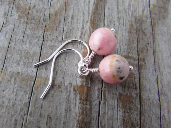 Rhodochrosite Earrings, Small And Simple, Pink Rhodochrosite Dangles, Silver Earrings