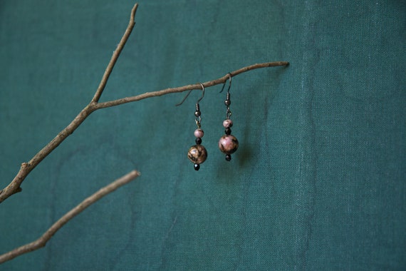 Rhodonite Earrings, Black Pink Gemstone Earrings, Natural Gemstone Earrings