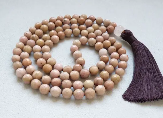 Rhodonite Necklace, Beige Rose Long Necklace, 108 Mala Rhodonite Jewelry, Hand Knotted Meditation Necklaces, Natural Rhodonite Faceted Beds