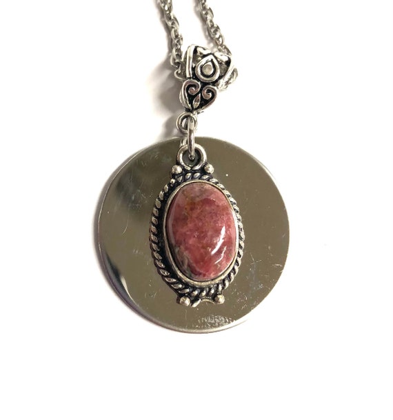 Rhodonite Pendant|  Rhodonite  Necklace | Gemstone Necklace, Mothers Day Gift, I Love You Gift. Stainless Steel Pendant, Pink Rhodonite
