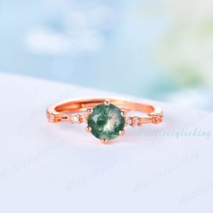 Shop Moss Agate Rings! Rose Gold Moss Agate Engagement Ring, Green Moss Agate Ring Art Deco Ring, Vintage Woman Dainty Bridal Promise Ring Anniversary Gift for her | Natural genuine Moss Agate rings, simple unique alternative gemstone engagement rings. #rings #jewelry #bridal #wedding #jewelryaccessories #engagementrings #weddingideas #affiliate #ad