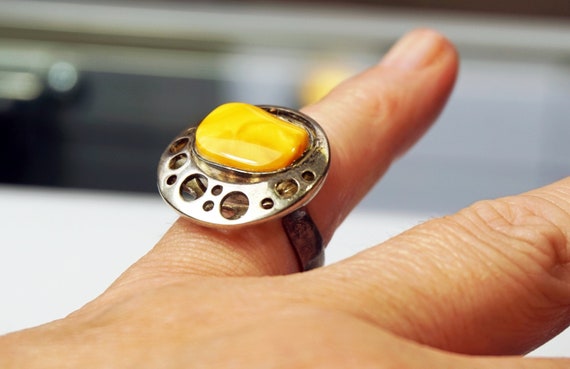Royal Amber Ring, 925 Sterling Silver Amber Jewelry, Butterscotch Amber, Egg Yolk Amber Abstract Ring, Ring Gift For Her, Amber Lover Gift