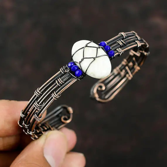 Scolecite Bracelet Lapis Lazuli Beads Cuff Copper Wire Wrapped Jewelry Adjustable Bracelet Handmade Gemstone Cuff Copper Wire Wrapped Bangle