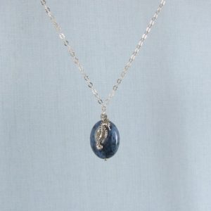 Shop Dumortierite Necklaces! Seahorse Charm with Dumortierite Pendant Necklace | Natural genuine Dumortierite necklaces. Buy crystal jewelry, handmade handcrafted artisan jewelry for women.  Unique handmade gift ideas. #jewelry #beadednecklaces #beadedjewelry #gift #shopping #handmadejewelry #fashion #style #product #necklaces #affiliate #ad