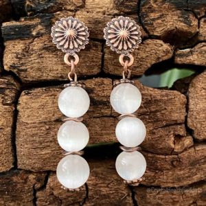 Shop Selenite Earrings! Selenite Antique Copper Flower Earrings | Natural genuine Selenite earrings. Buy crystal jewelry, handmade handcrafted artisan jewelry for women.  Unique handmade gift ideas. #jewelry #beadedearrings #beadedjewelry #gift #shopping #handmadejewelry #fashion #style #product #earrings #affiliate #ad
