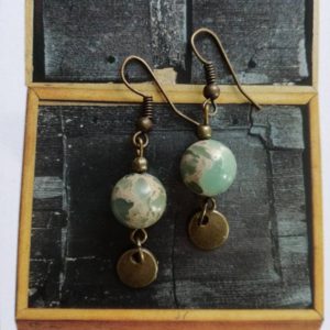 Serpentine earrings, sea green gems, bronze disk dangle, fine jewelry women, ear wires, round stone beads, genuine gemstones texture history | Natural genuine Serpentine earrings. Buy crystal jewelry, handmade handcrafted artisan jewelry for women.  Unique handmade gift ideas. #jewelry #beadedearrings #beadedjewelry #gift #shopping #handmadejewelry #fashion #style #product #earrings #affiliate #ad
