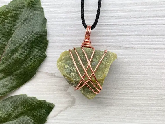 Serpentine Necklace, Raw Green Crystal Pendant, Copper Wire Wrapped, Earth Element Jewelry