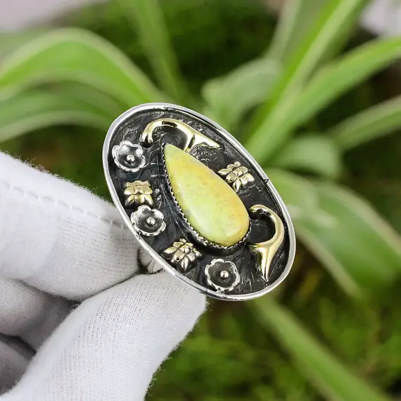 Serpentine Ring 925 Sterling Silver Ring Adjustable Ring 18k Gold Plated Natural Gemstone Ring Handmade Silver Ring Engagement Ring