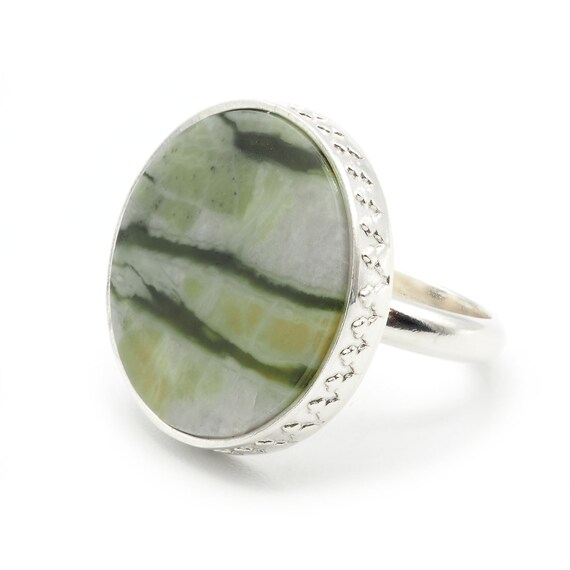 Anillo Serpentina Y Plata 925, Anillo Grande Redondo Verde Dibujo Rayas, Anillo Piedra Natural, Anillo Simple Llamativo, Regalo Mujer