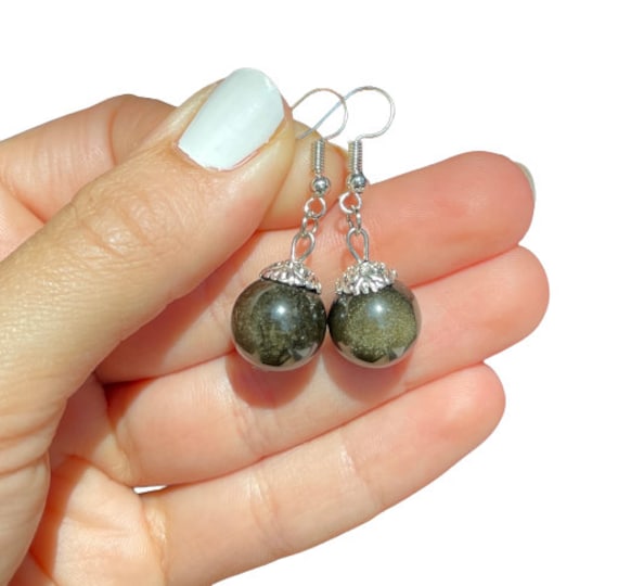 Obsidian Earrings - Silver Obsidian Earrings - Crystal Earrings - Base Charka Stone - Rainbow Obsidian  - Sheen Obsidian  - Black Crystals