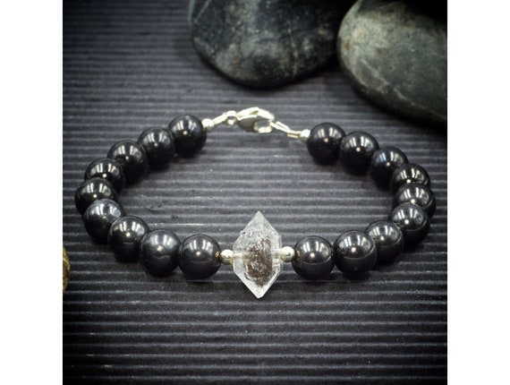 Shungite And Herkimer Diamond Bracelet | Healing Crystal Beaded Bracelet | Increases Personal Power