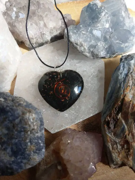Shungite Necklace Heart Orgone Pendant Crystal Healing Resin Natural Stone