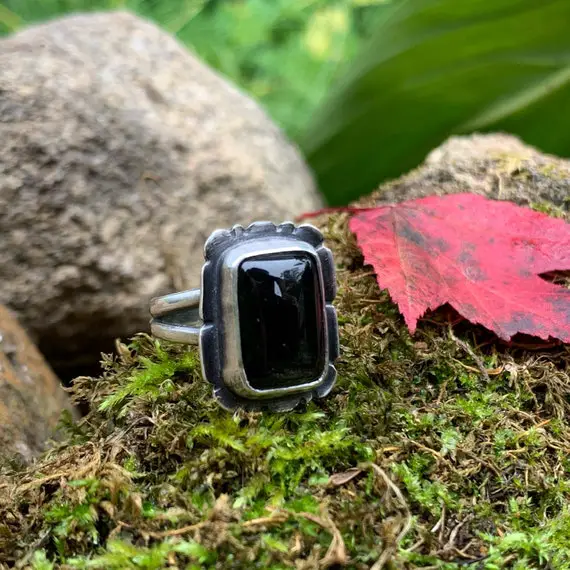 Silver Sheen Obsidian Ring, Split Shank, Size 5 3/4