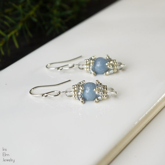 Small Light Blue Angelite And Quartz Crystal Beaded Earrings - Sterling Silver Unique Vintage Style Handmade Jewelry Gift - Beadwork