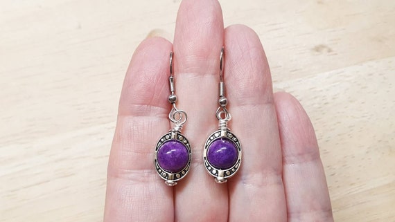 Small Rare Purple Sugilite Earrings. Crystal Reiki Jewelry Uk. Silver Plated Oval Frame Dangle Drop Earrings. 8mm Stones