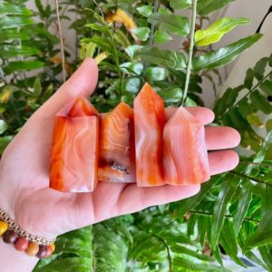 Shop Carnelian Points & Wands! Small Red, Orange & Salmon Pink Banded Carnelian Tower Wand Point | Natural genuine stones & crystals in various shapes & sizes. Buy raw cut, tumbled, or polished gemstones for making jewelry or crystal healing energy vibration raising reiki stones. #crystals #gemstones #crystalhealing #crystalsandgemstones #energyhealing #affiliate #ad