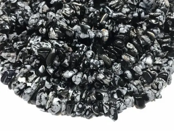 Snowflake Obsidian Chip Beads, 35 Inch Strand, Approx 5-11mm, Medium, Natural Black And Gray Drilled Gemstone Beads, Designer Quality