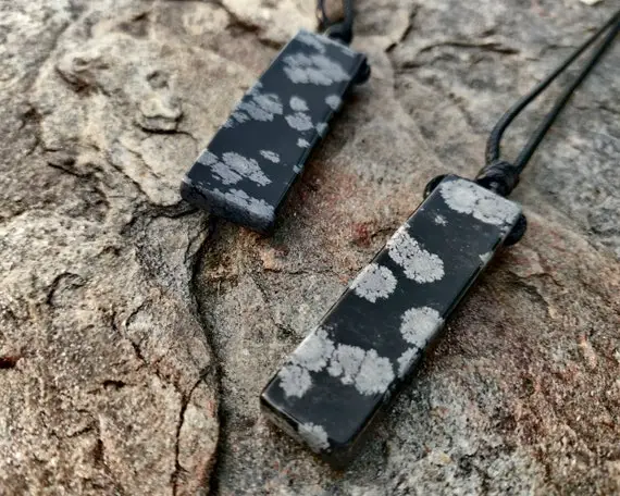 Snowflake Obsidian Necklace, Natural Stone Rectangle Pendant, Capricorn Gift, Snowflake In Black Obsidian Jewelry, Crystal Bar Necklace