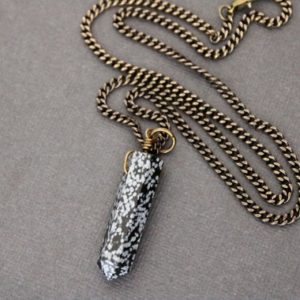 Shop Snowflake Obsidian Pendants! Snowflake Obsidian Pendant Wire Wrapped on a Solid Brass Chain,  Crystal Necklace, Mens Jewelry | Natural genuine Snowflake Obsidian pendants. Buy handcrafted artisan men's jewelry, gifts for men.  Unique handmade mens fashion accessories. #jewelry #beadedpendants #beadedjewelry #shopping #gift #handmadejewelry #pendants #affiliate #ad
