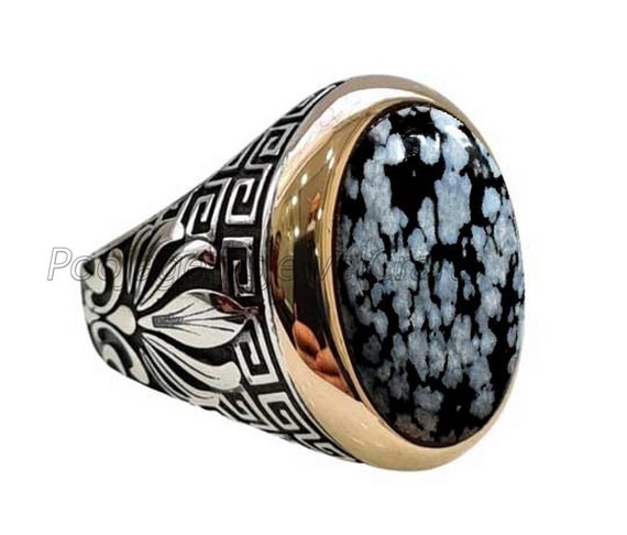 Snowflake Obsidian Ring Men, Mens Handmade Ring, 925 Silver Ring, Turkish Ring Men, Leaf Ring Men, Gift For Him, Signet Ring, Grandfather