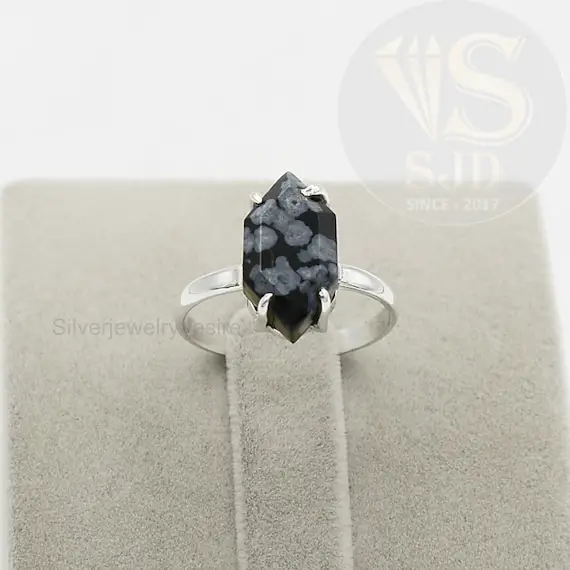 Snowflake Obsidian Ring, Prong Ring, 925 Sterling Silver, Obsidian Ring, 8x15 Mm Hexagon Ring, Statement Ring, Silver Ring, Womens Ring
