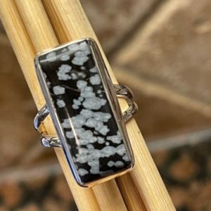Shop Snowflake Obsidian Rings! Snowflake Obsidian Ring Sterling Silver | Snowflake Jasper Ring | Obsidian Jewelry | Rectangle Ring | Split Band Handmade Ring| Gift for Her | Natural genuine Snowflake Obsidian rings, simple unique handcrafted gemstone rings. #rings #jewelry #shopping #gift #handmade #fashion #style #affiliate #ad