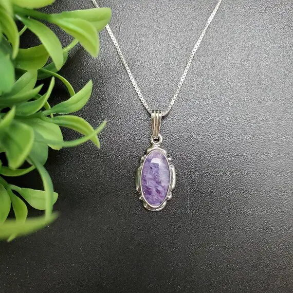 Socute925 Dainty Purple Charoite Necklace Pendant With Silver Box Chain | Russian Long Oval Charoite Pendant Necklace | Southwest Necklace