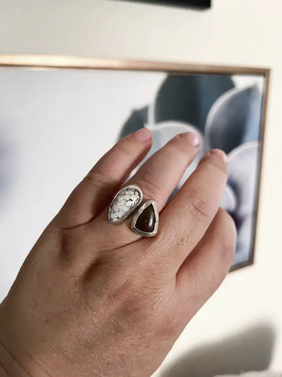 Size 7.5 Split Band Gemstone Ring, Plume Agate Ring, Rainbow Petrified Wood Ring