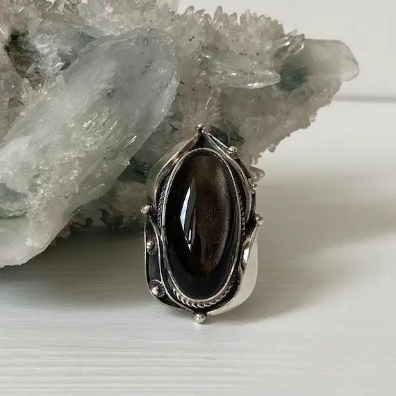 Sterling Silver Black Obsidian Ring Women, Adjustable Ring Black Gemstone Ring, Vintage Style Filigree Ring, Large Black Stone Ring Armenia